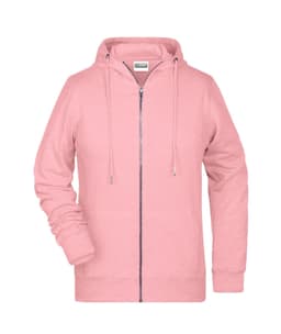 A pink zip hoodie featuring a hood and long sleeves, with a simple design and a logo.