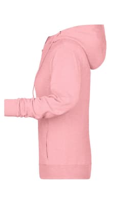A pink ladies zip hoodie featuring a hood and long sleeves, with a side view showing a streamlined design.