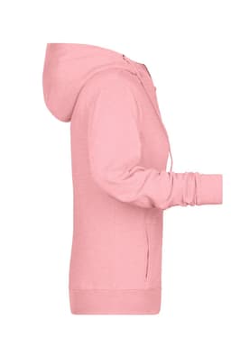 A pink ladies zip hoodie displayed from the side, featuring a hood and a logo.
