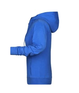 A blue ladies zip hoodie with a hood and long sleeves, featuring a side view and a logo on the front.