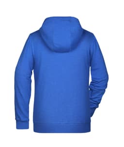 A blue ladies zip hoodie with a hood, featuring long sleeves and a casual design. Branding is present on the garment.