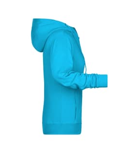 A turquoise ladies zip hoodie with a hood and a side view showcasing the sleeve and hem details.