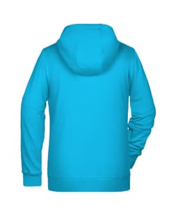 A women's zip hoodie in a vibrant turquoise colour, featuring a hood and long sleeves. It has a logo on the back.