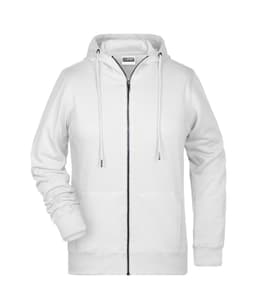 A white zip hoodie featuring a front zipper and hood, with a casual fit and a logo on the label.
