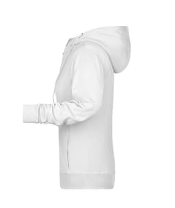 A white zip hoodie with a hood and long sleeves, featuring a side view and an unobtrusive logo.