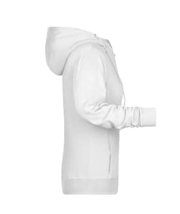 A white ladies zip hoodie featuring a hood and side pockets, with a logo on the front.