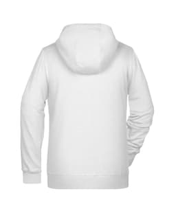 A white ladies zip hoodie featuring a hood and long sleeves, with a logo on the back.