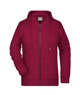 A maroon ladies zip hoodie with a hood and a front zipper, featuring long sleeves and a logo.