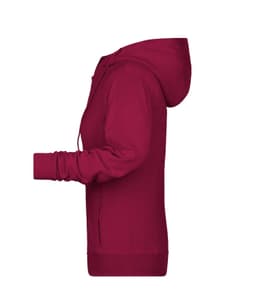 A red ladies zip hoodie featuring a hood and long sleeves, with a side view showcasing its fit.