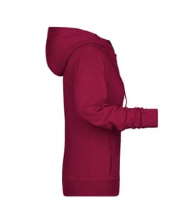 A ladies zip hoodie in a rich burgundy colour, featuring a hood and a logo on the front.