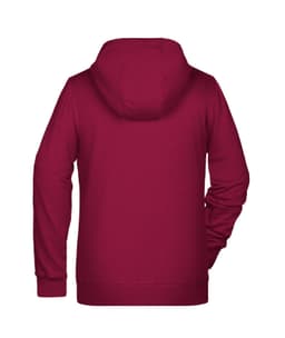 A maroon ladies zip hoodie with a hood, featuring long sleeves and a back view. Includes a logo.