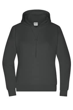 A dark grey ladies lounge hoodie with a drawstring hood and a simple design. It features a branding logo.