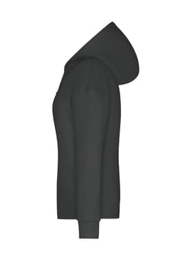 A black ladies' hoodie displayed from the side, featuring a classic hood and long sleeves. It has a logo on it.