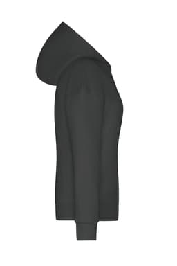 A dark grey hoodie with a hood and long sleeves, featuring a side view and a small logo.