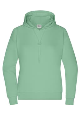 A mint green ladies hoodie featuring a drawstring and a logo. The design is simple and modern.