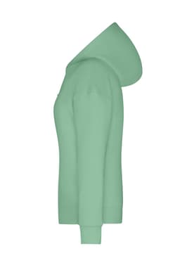A mint green Ladies Lounge Hoodie, featuring a hood and ribbed cuffs, displayed in a side view.