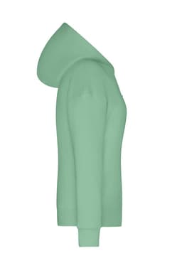 A mint green Ladies Lounge Hoodie features a side view with a hood and fitted sleeves. It includes a logo.