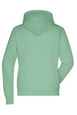 A mint green ladies hoodie with a back view, featuring a hood and long sleeves. It has a logo on the front.