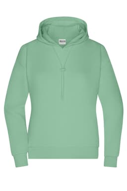 A mint green ladies hoodie with a drawstring and a front pocket. It features a logo on the chest area.