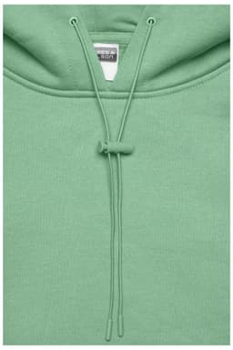 A green ladies lounge hoodie with a drawstring and a hood, featuring a branding logo.
