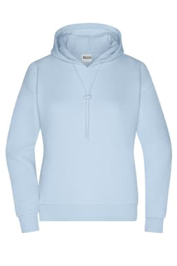 A light blue ladies hoodie with a kangaroo pocket and a drawstring hood, featuring a logo.