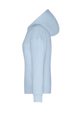 A light blue hoodie from the side, featuring a hood and a brand logo.