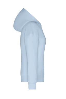 A light blue hoodie featuring a hood, with a fitted silhouette and long sleeves. Includes a logo on the chest.