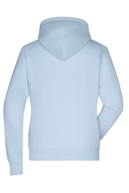 A light blue hoodie with a hood, featuring long sleeves and a casual style. It has a logo on the back.