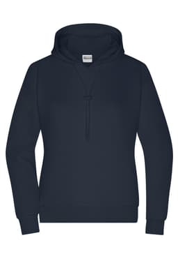 A navy blue hoodie with a front pocket and adjustable drawstring hood. It features a logo on the label.