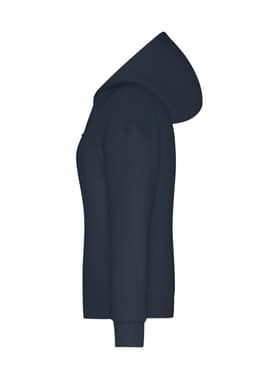 A navy blue ladies' hoodie with a side view showcasing the hood and fitted silhouette. It features a logo.