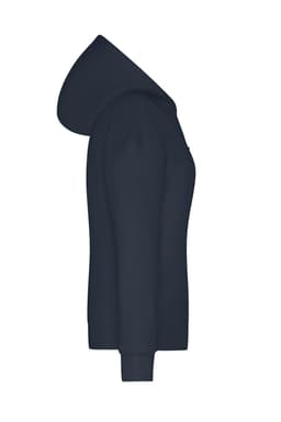 A navy blue ladies lounge hoodie featuring a hood and ribbed cuffs. It has a logo on the front.