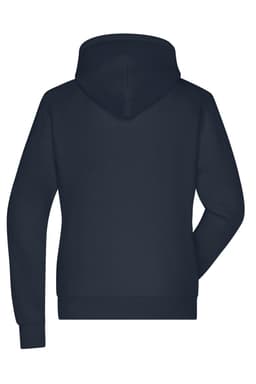 A navy blue ladies lounge hoodie featuring a hood and long sleeves, with a logo on the back.