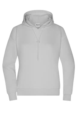 A light grey ladies' hoodie with a front pocket and adjustable drawstring hood. It has a logo on the chest.
