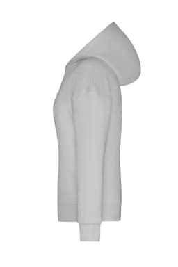 A white hoodie with a hood and long sleeves, featuring a simple design and a logo.