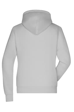 A grey ladies' lounge hoodie with a hood and long sleeves, featuring a logo on the back.