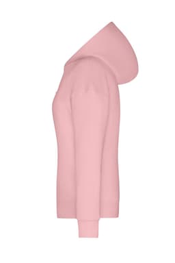 A pink ladies lounge hoodie with a hood, featuring a side view. It has a fitted design and ribbed cuffs.