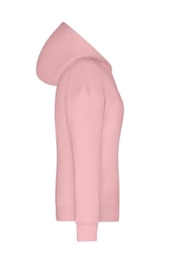 A pink ladies' lounge hoodie featuring a hood and long sleeves. The item has a logo on it.