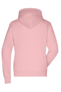 A pink hoodie with a back view, featuring a hood and long sleeves. The design includes a branding logo.