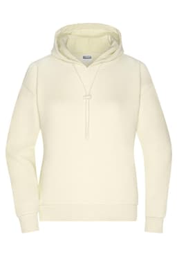 A cream-coloured hoodie with a drawstring hood and a simple design. It has a logo on the front.