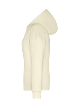 A cream-coloured ladies lounge hoodie featuring long sleeves and a hood. It has a logo displayed on the side.