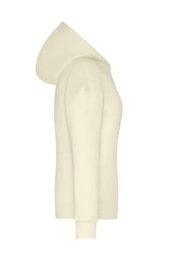 A cream-coloured ladies' hoodie with a large hood and long sleeves, featuring a logo.