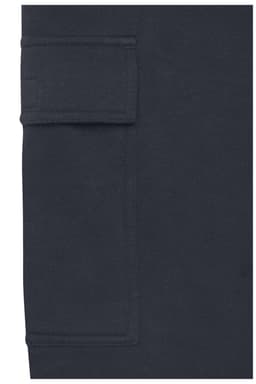 A dark navy hoodie featuring a pocket on the front and a simple design. It has a logo on the fabric.