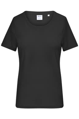 A black ladies' T-shirt featuring a 1:1 rib design and a round neckline. It includes a label inside.