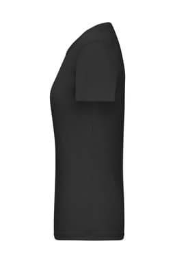 A black ladies T-shirt with a 1:1 rib design, featuring short sleeves and a sleek fit.