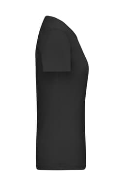 A black ladies' T-shirt with a 1:1 rib design, featuring short sleeves and a fitted silhouette.