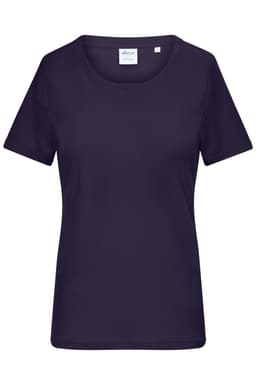 A navy ladies T-shirt with a ribbed crew neckline and short sleeves, featuring a branding label inside.