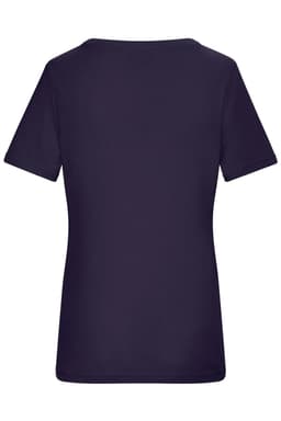 A purple women's T-shirt with short sleeves and a plain back. Features a logo at the back.