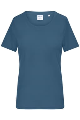 A ladies' t-shirt in a teal blue colour with a round neckline and short sleeves. It features a brand logo.