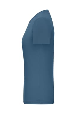 A blue ladies T-shirt with short sleeves, featuring a fitted design and a visible logo.