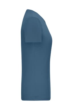 A blue ladies' T-shirt with a 1:1 ribbed design, featuring short sleeves and a fitted silhouette.